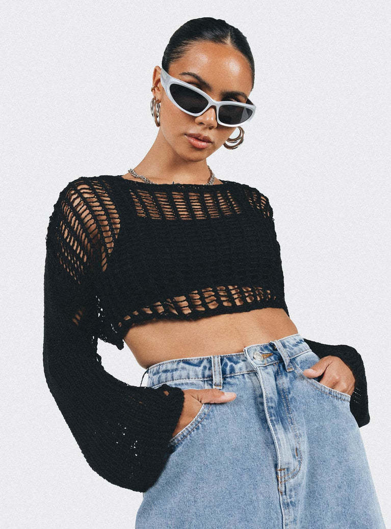 Crew Neck Long Sleeve Hollow Out Cutout out Cropped Knitted Black Sweater Black