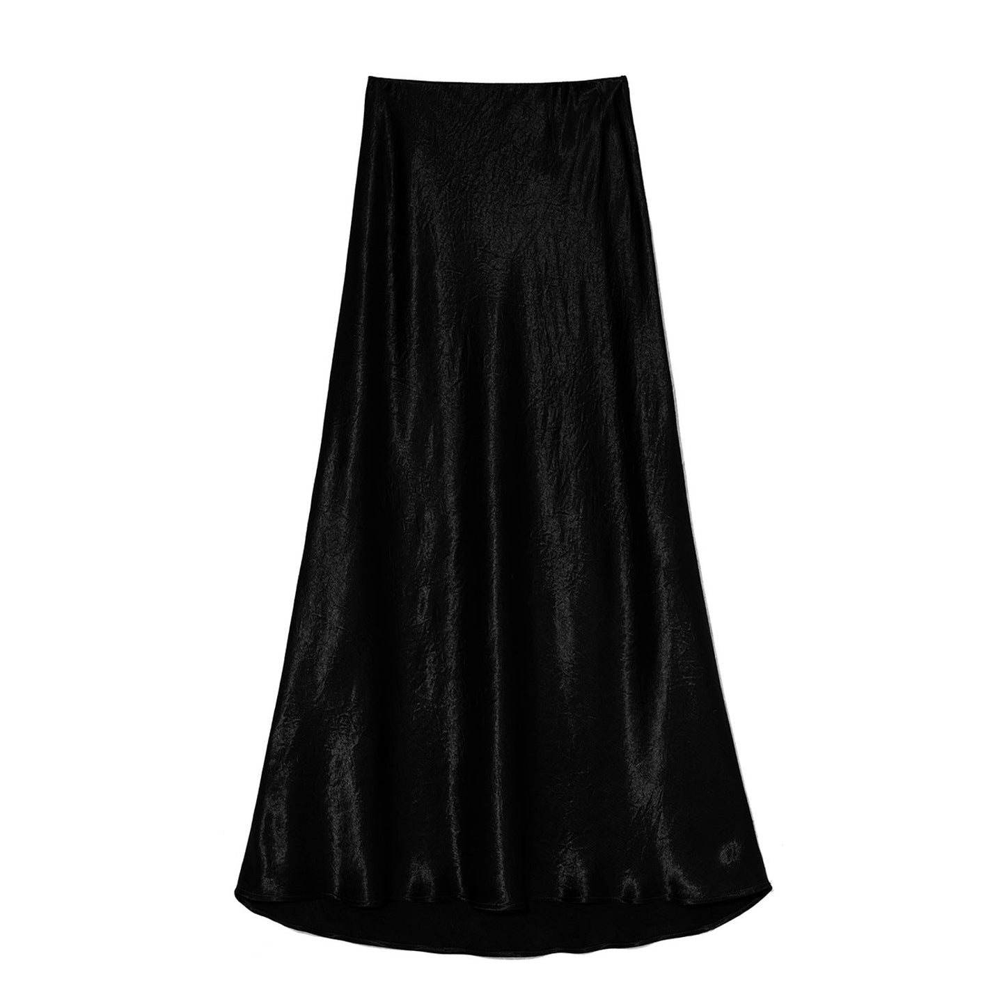 Satin Skirt High Waist Elastic Pattern Long Skirt Black