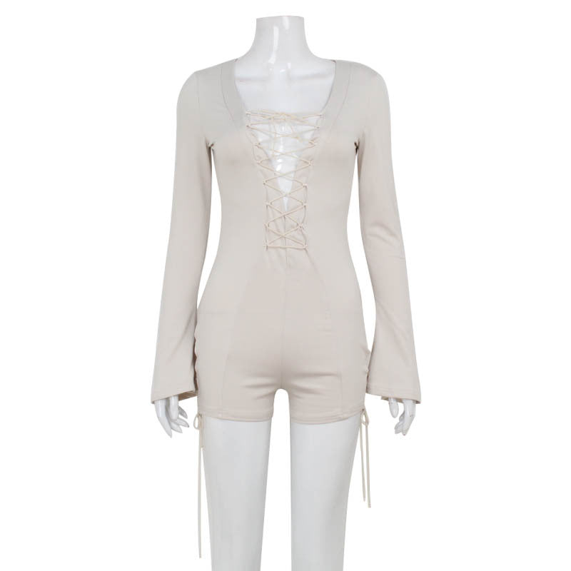 Ladies Sexy Deep V Plunge Lace Up Romper Beige