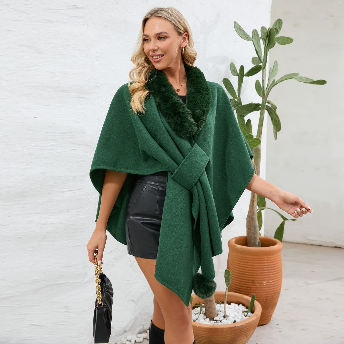 Women Autumn Winter Fur Collar Cape Shawl Women Loose Knitted Cardigan Oversized Woolen Coat