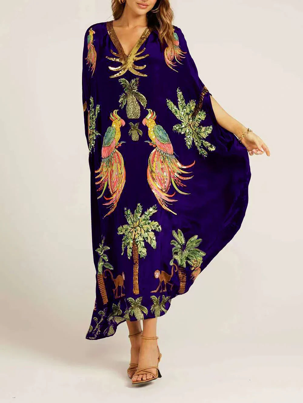 Robe unique à manches tombantes et imprimé cocotier