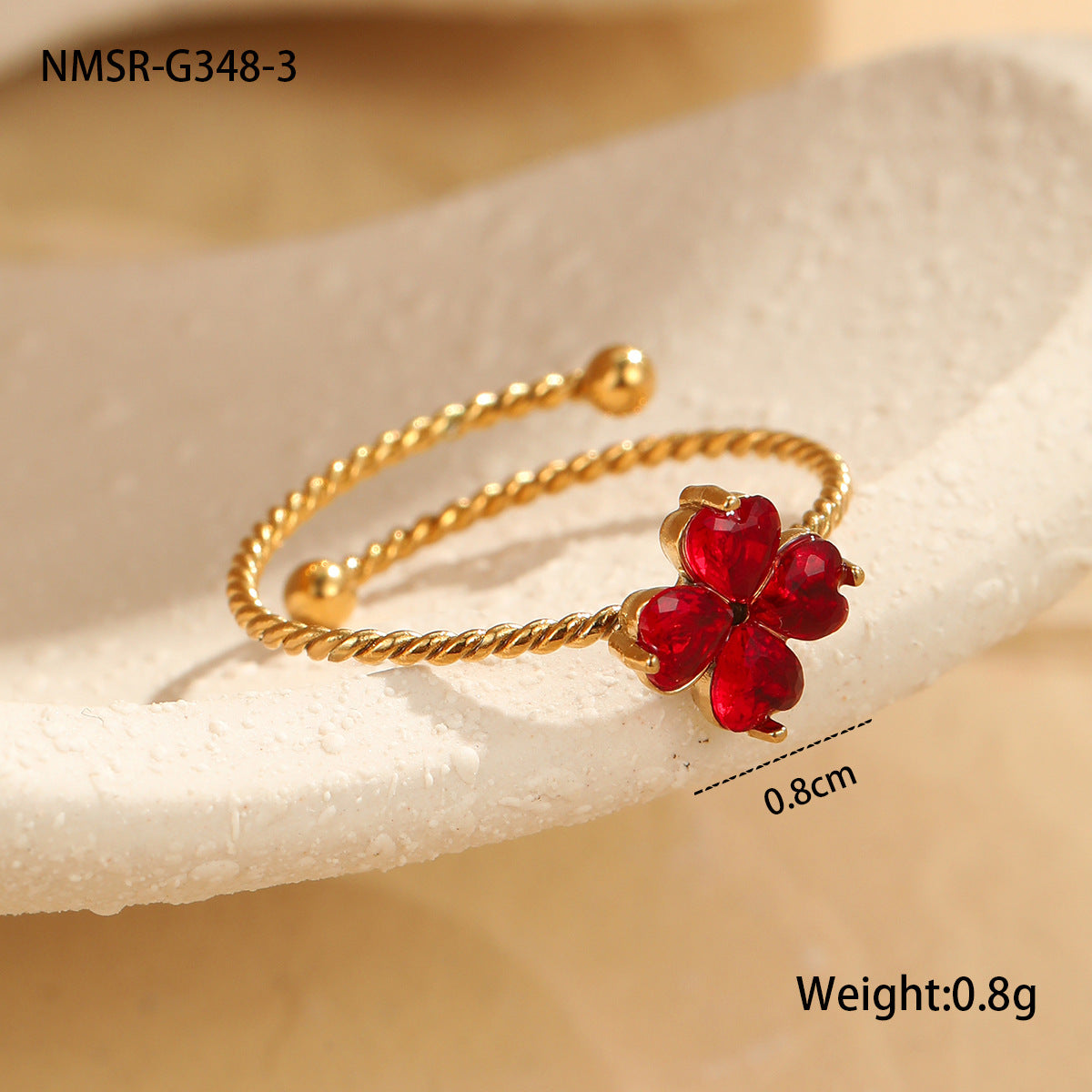 Stainless Steel Elegant Clover Opening Ring Luxury High Sense Hand Accessories One Size NMSR-G348-3 Red Ring