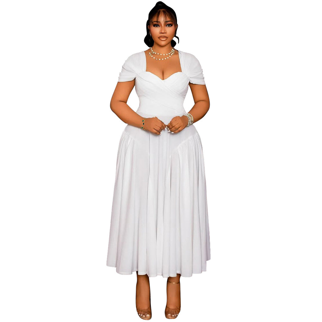 Plus Size Elegant Long Tube Top Collar Cinched Cap Sleeve Dress White