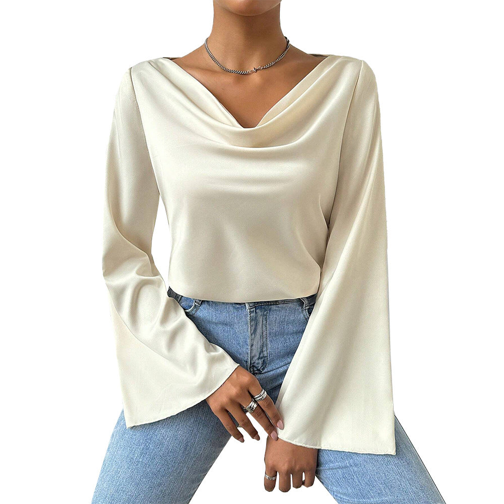Ladies Long Bell Sleeve Satin Cowl Off White Neck Top