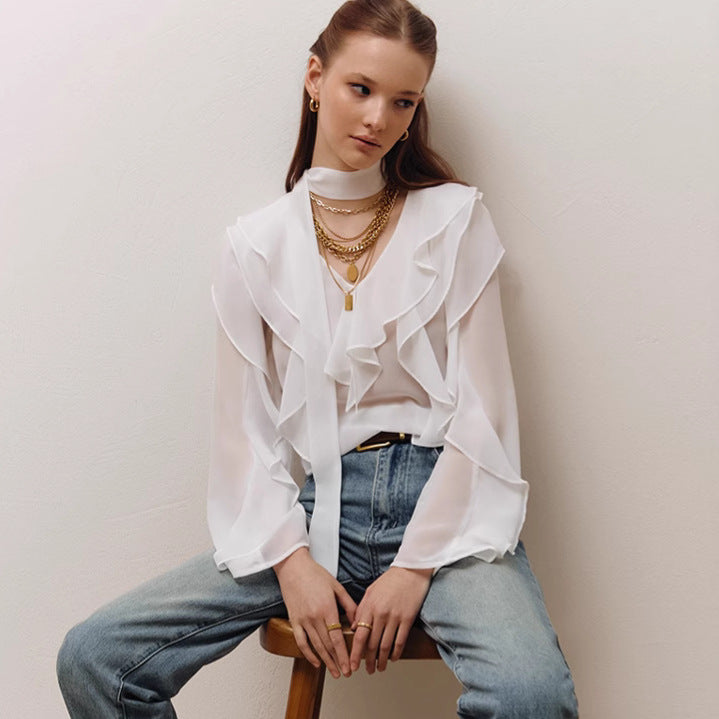 V neck Flounce Long Sleeve Loose Shirt Design Office All Matching Top White