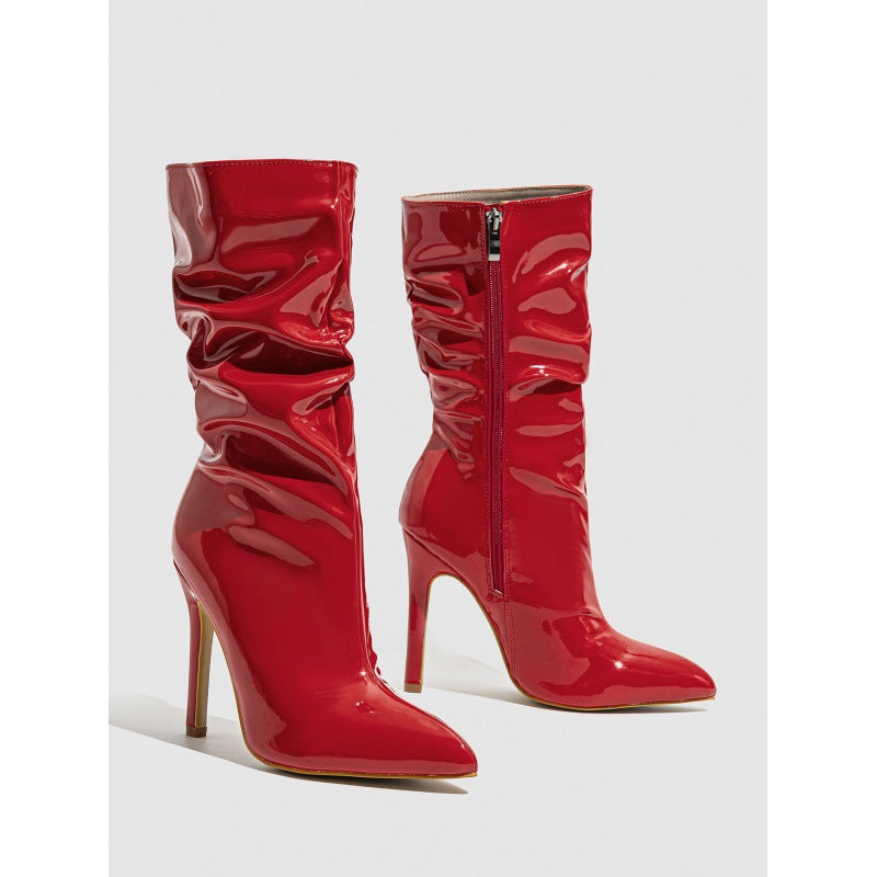 Supply Pointed Stiletto Heel Pile Boots Patent Leather Nude Shoes Short High Heel Riding Boots Red