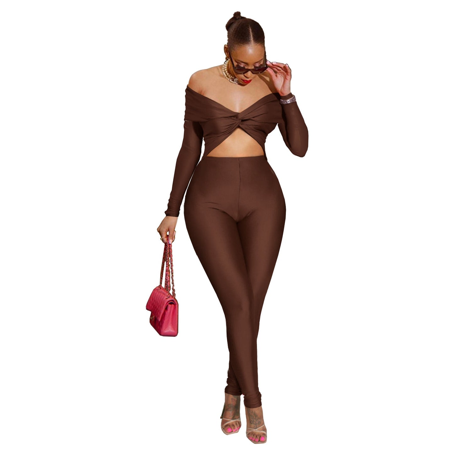 Ladies Sexy Twist Hollow Out Cutout Cropped High Waist Long Sleeve Jumpsuit Brown