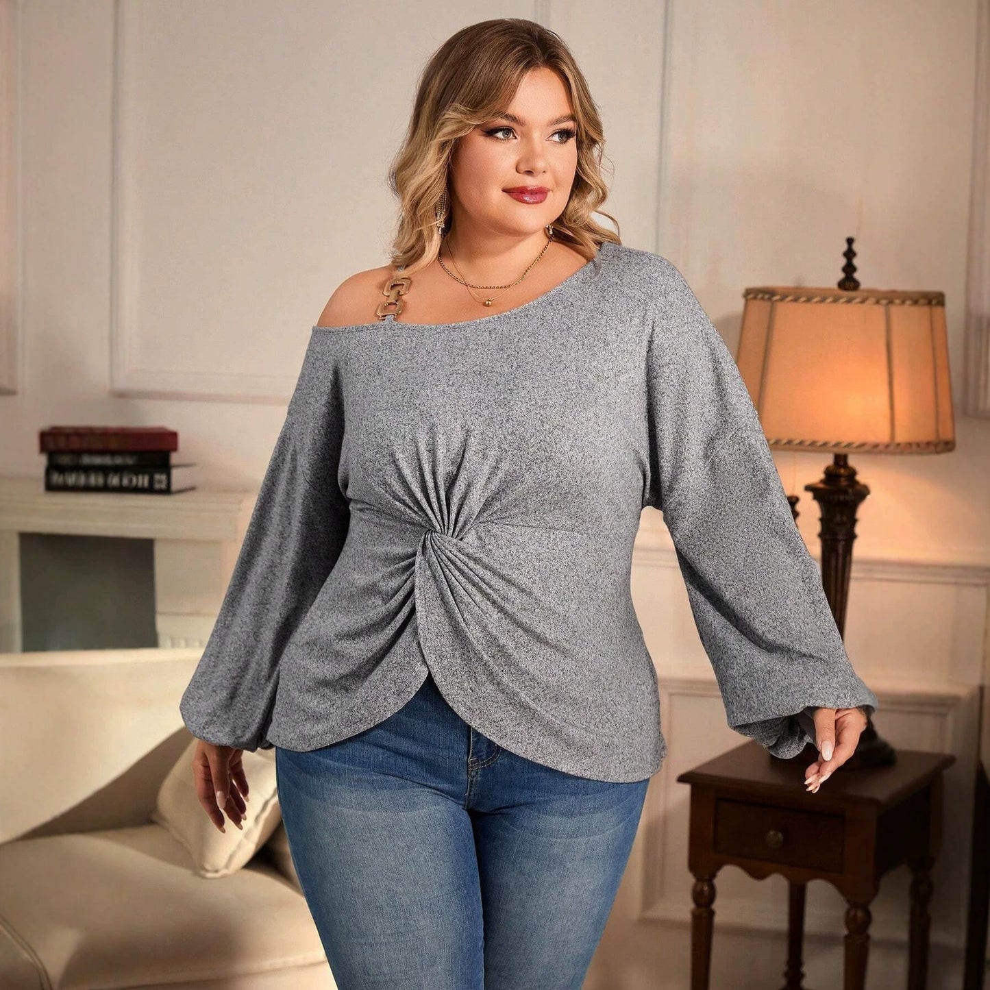Plus Size Women Clothes off Shoulder Twisted Long Sleeved T shirt Metal Buckle Shoulder Strap Loose Slimming Top
