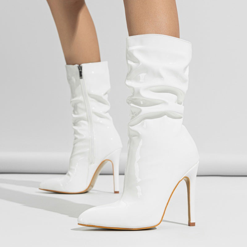 Supply Pointed Stiletto Heel Pile Boots Patent Leather Nude Shoes Short High Heel Riding Boots White