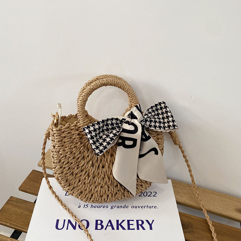 Cute Crossbody Straw Bag Plaid Scarf Portable Straw Bag Vacation Beach Bag