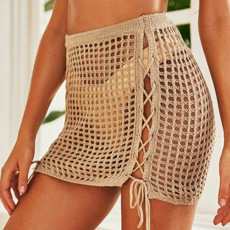 Crochet Knitted Sexy Cutout Drawstring Beach Bikini Beach Khaki