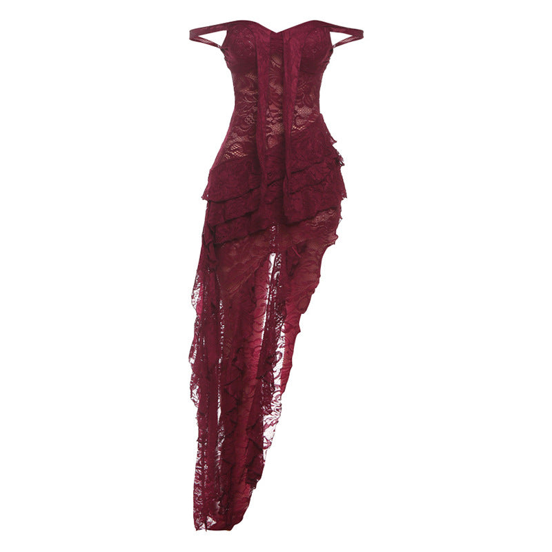 Ladies Sexy Red Lace Asymmetric Off Shoulder Maxi Like Dress Burgundy