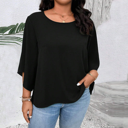 Plus Size Women Clothing Loose Fitting Casual T shirt Autumn Winter Bell Sleeve Black Slimming Short Top