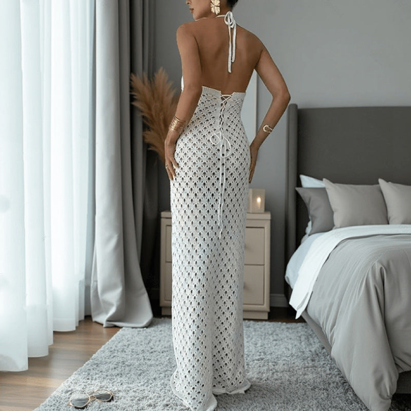 White Crochet Out Cutout Backless Lace up Dress
