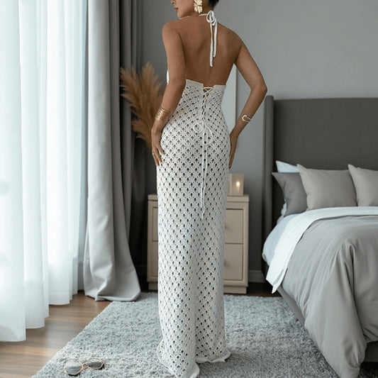 White Crochet Out Cutout Backless Lace up Dress