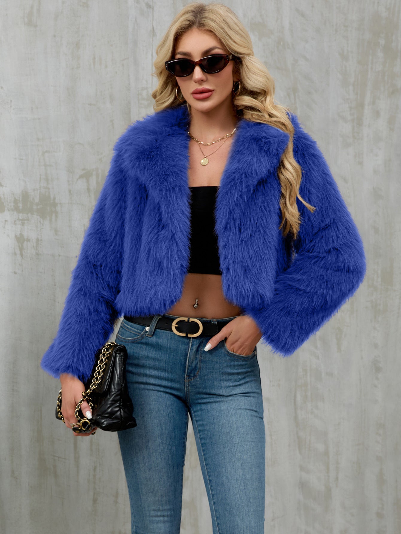 Plush Short Jacket Faux Fur Coat Suit Collar Outer Coat royal blue