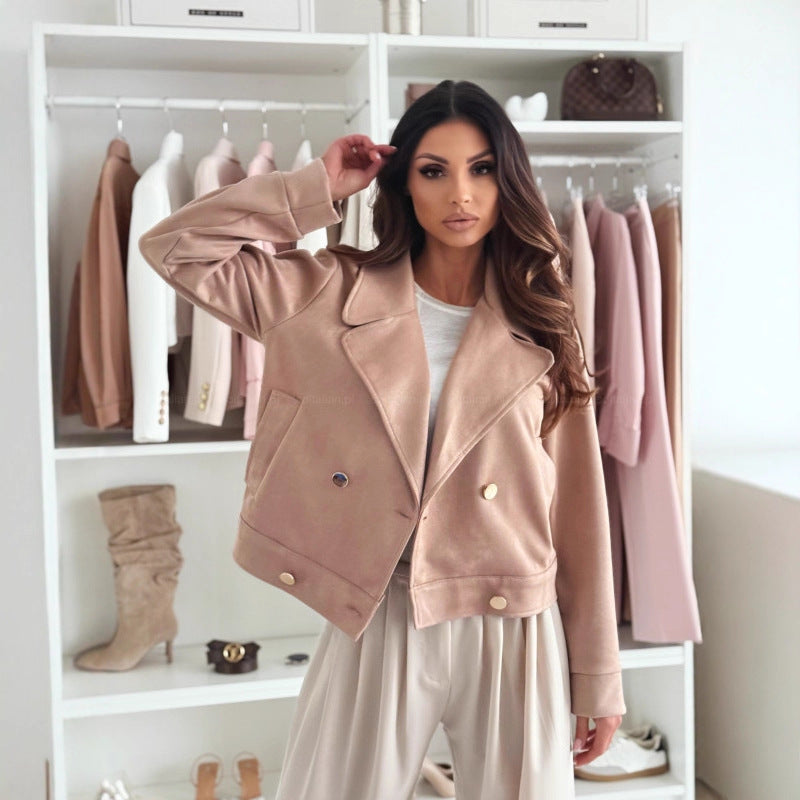 Ladies Slim Collared Button Suede Short Coat Khaki