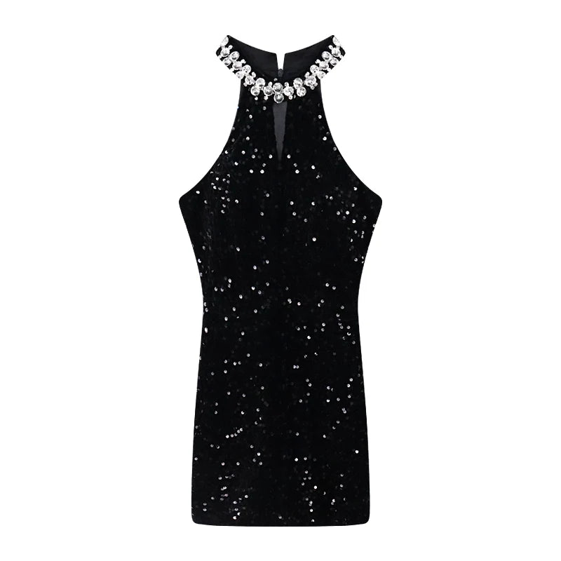 Saashi Rhinestone Glitter A-line Skirt - Exquisite Halterneck