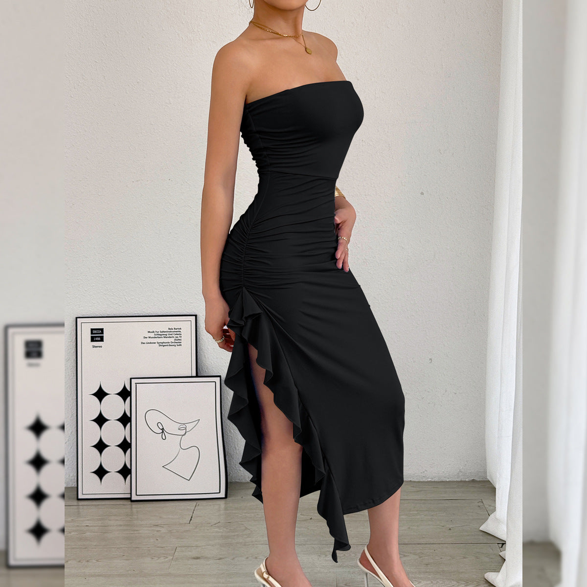 Strapless Long Slim Fit Dress w/ Ruffle on Side Black