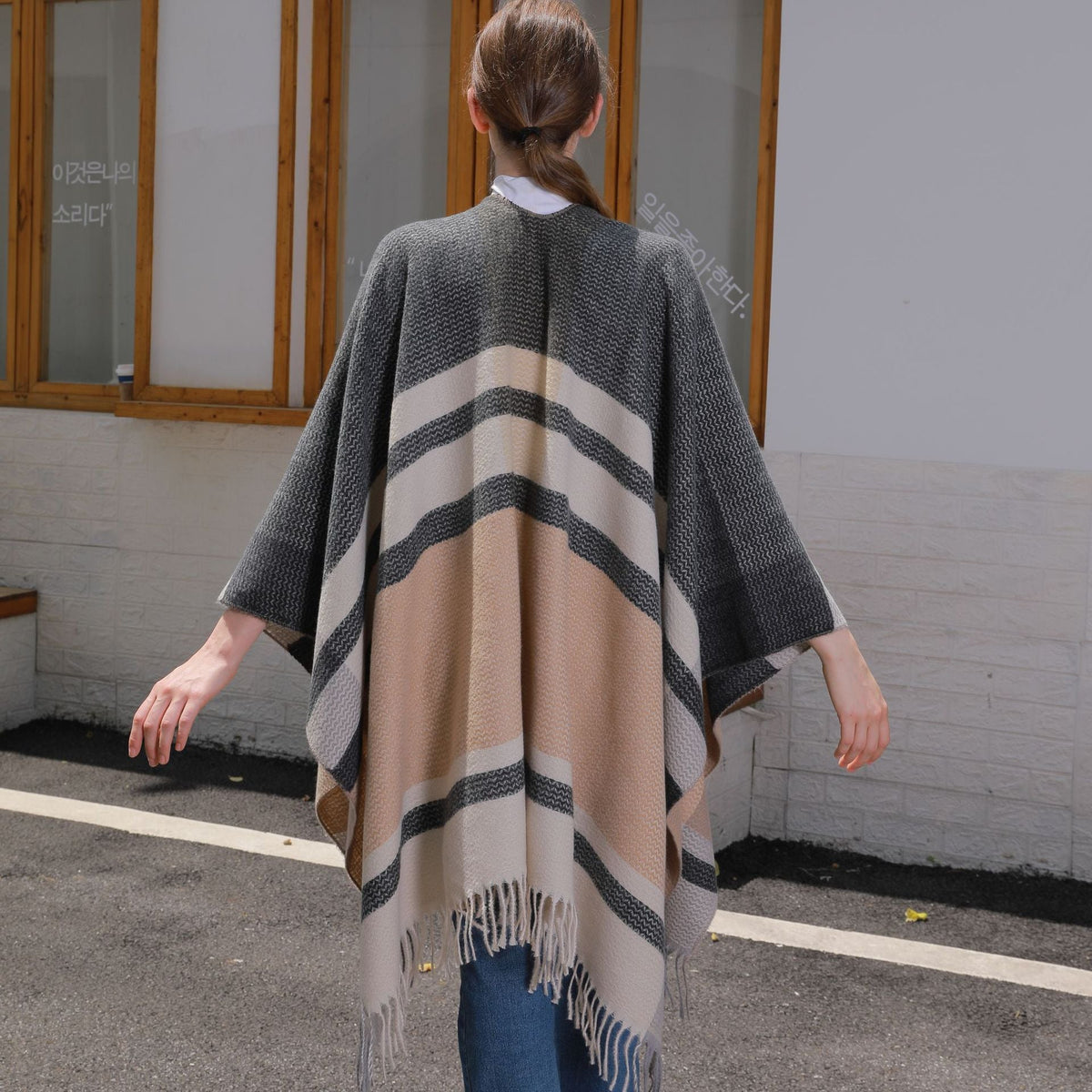 Tassel Split Shawl Autumn Winter Women's Simple Plaid Jacquard Scarf Cloak