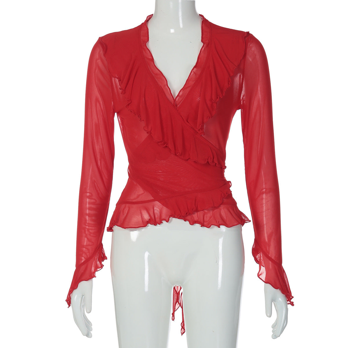 Sexy Low Cut V neck Ruffled Slim Flared Long Sleeve Top Red