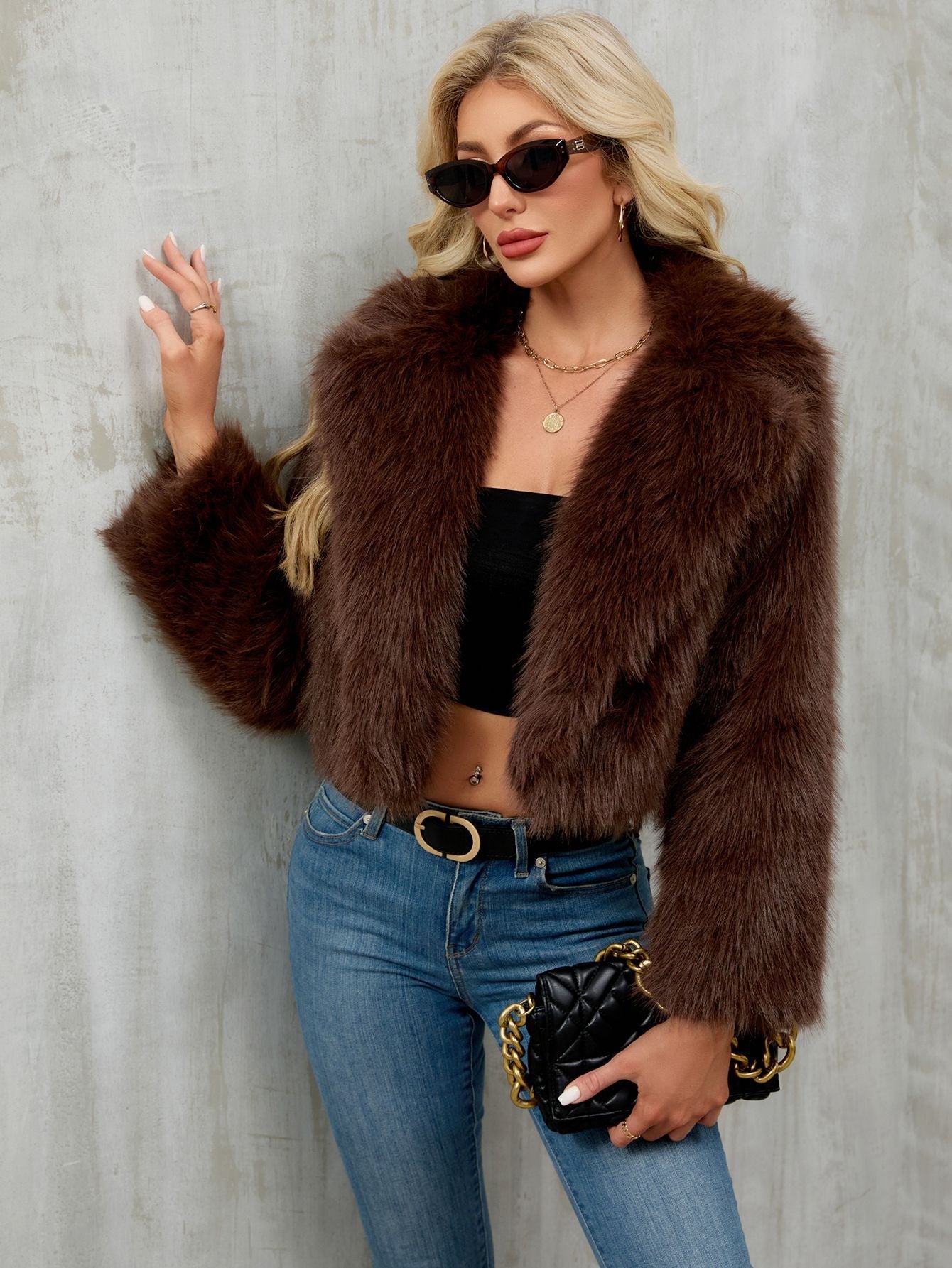 Plush Short Jacket Faux Fur Coat Suit Collar Outer Coat Brown