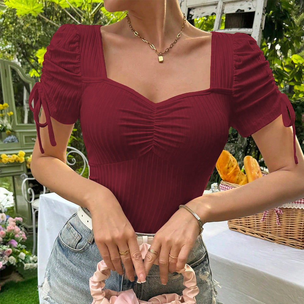 Square Neck Knit Wine Red with Puff Short Sleeve