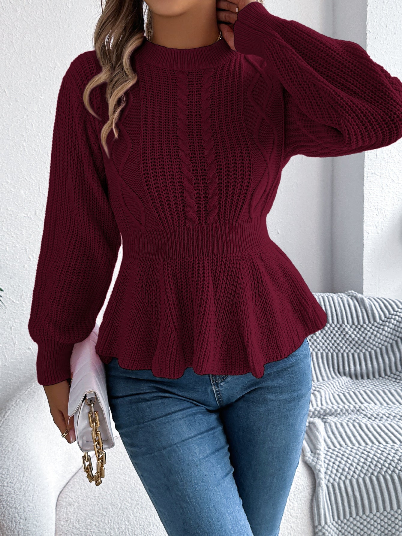 Twist Waist Trimming Ruffles Long Sleeve Pullover Sweater Burgundy