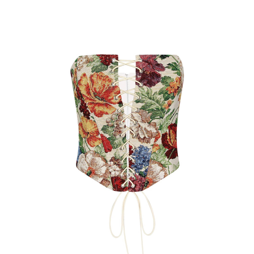 Sexy Tube Top Victorian Floral Corset with Boning Lace Up Detail