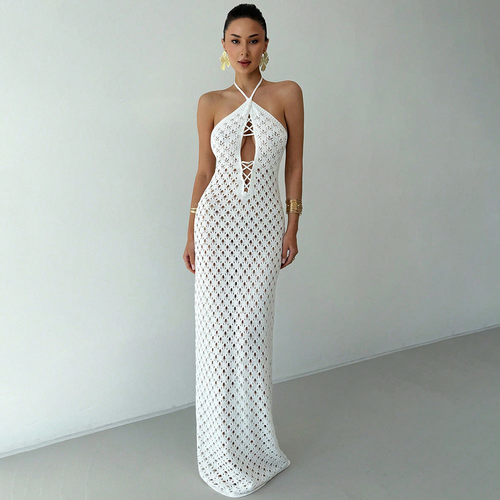 Sexy White Cutout Knitted Crochet Like Keyhole Maxi Dress White