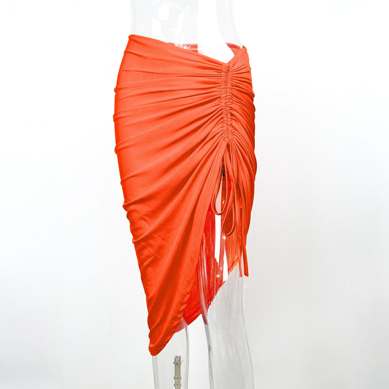 Women Sexy Slim Fit Irregular Asymmetric Skirt Trend Drawstring Skirt Orange