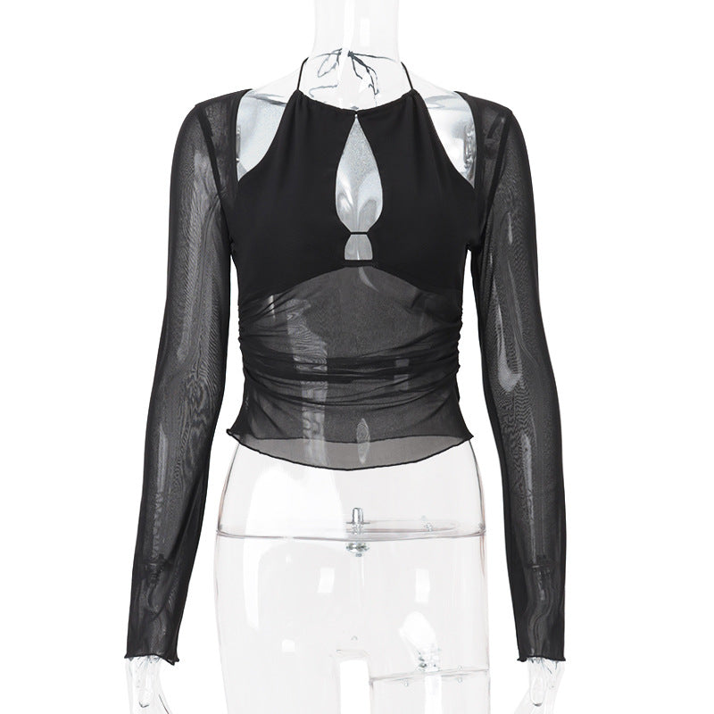 Black Mesh Stitching Hollow Out Cutout Irregular Asymmetric Slimming Long Sleeve Top Black