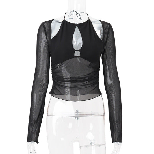 Black Mesh Stitching Hollow Out Cutout Irregular Asymmetric Slimming Long Sleeve Top Black