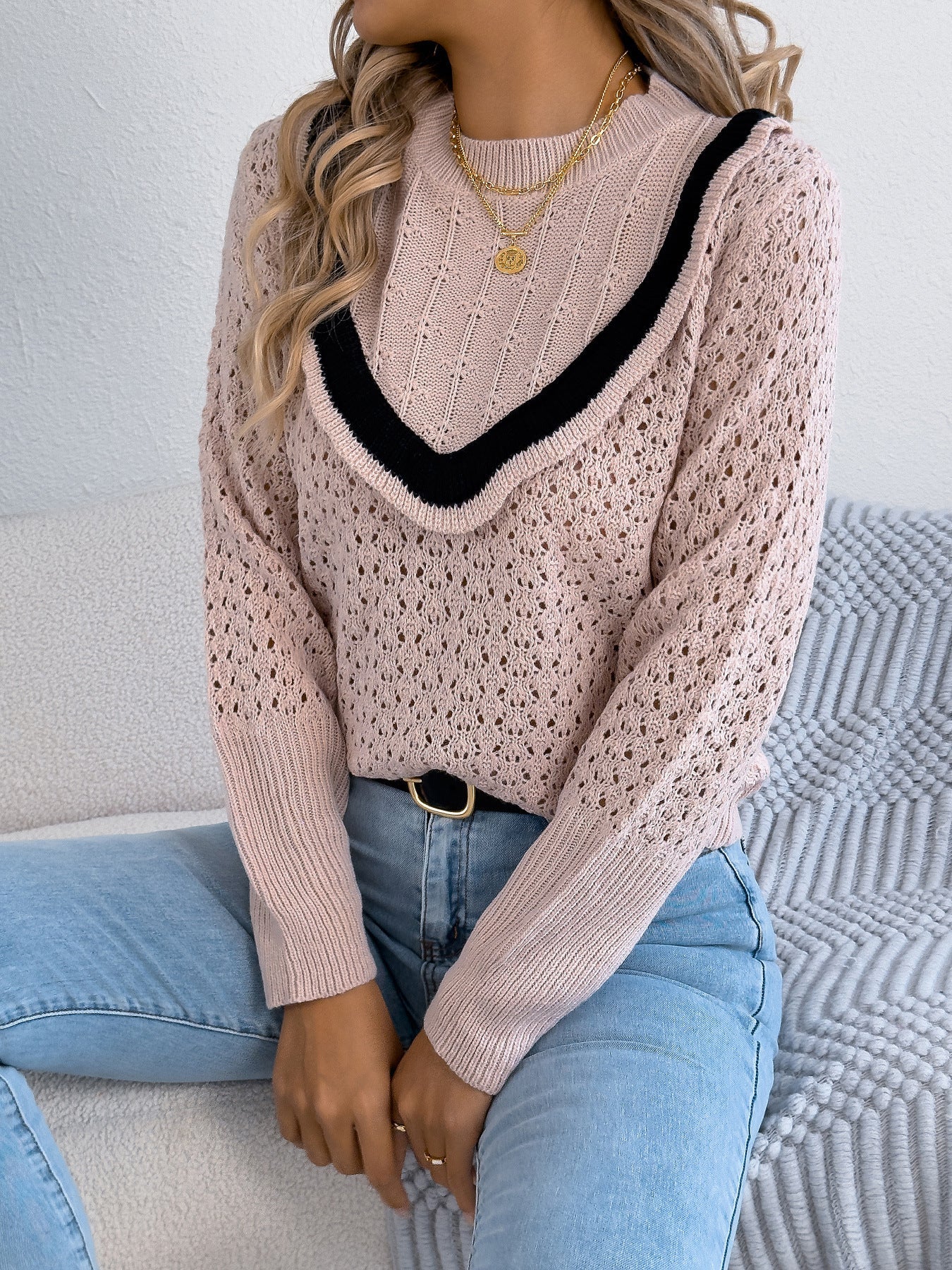Contrast Color Long Sleeve Pullover with Front Ruffle Pink