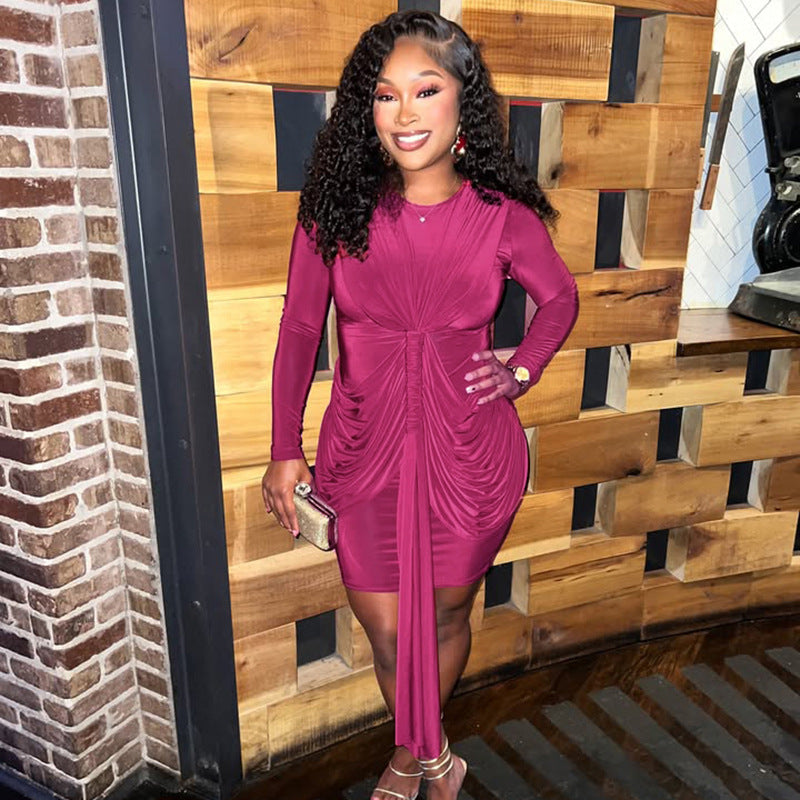 Long Sleeve Short Shirring Tied Short Dress In Magenta or Black