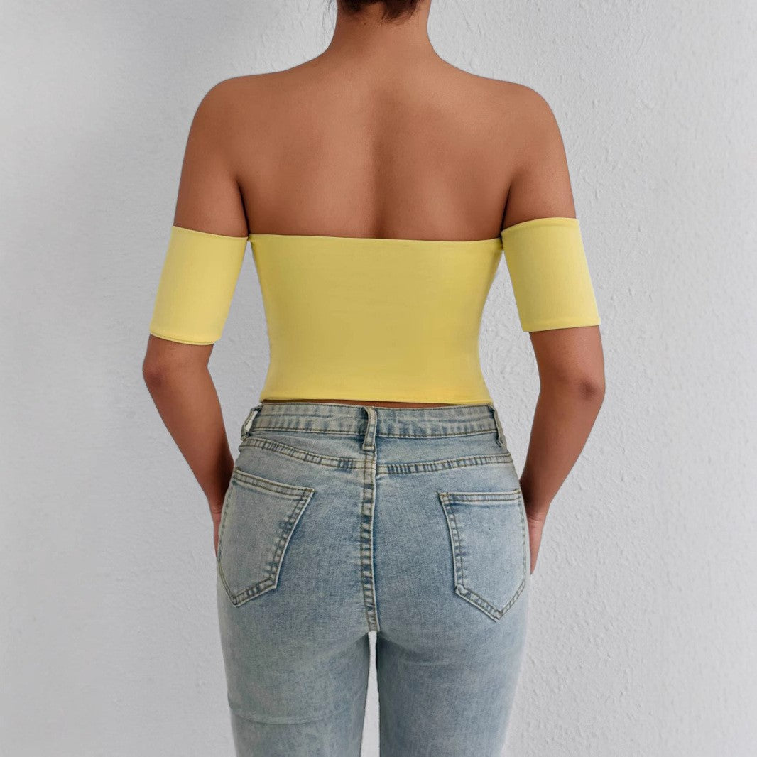 Yellow off the shoulder fitted top with short sleeve
