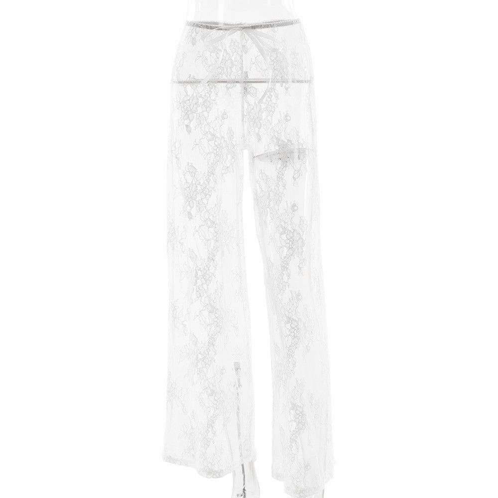 Lace See through High Waist Sexy Straight Pull On Pants White