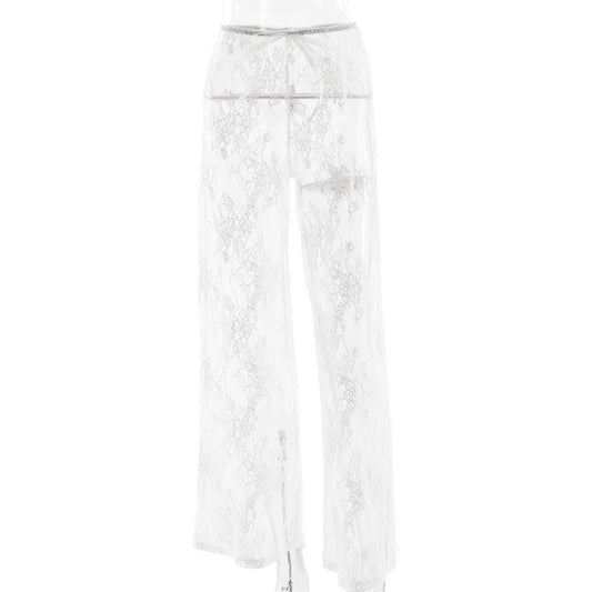 Lace See through High Waist Sexy Straight Pull On Pants White