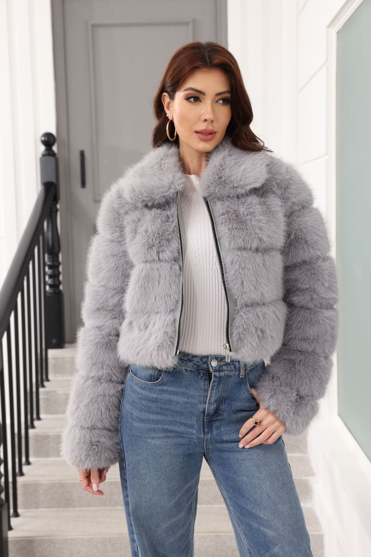Faux Fur Coat in Colors Gray