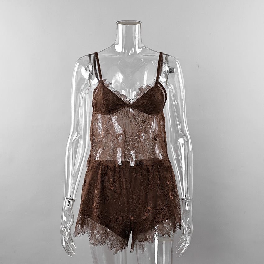 Sexy Ladies Satin /Eye Lash Combo Cami and Short Set Brown