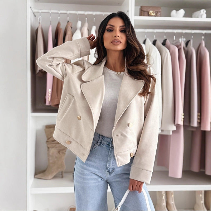 Ladies Slim Collared Button Suede Short Coat Apricot