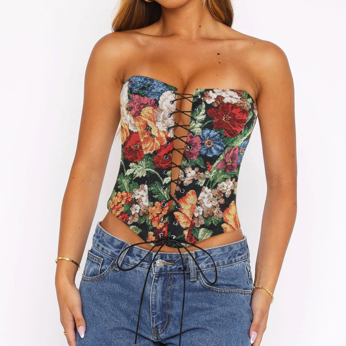 Sexy Tube Top Victorian Floral Corset with Boning Lace Up Detail Black