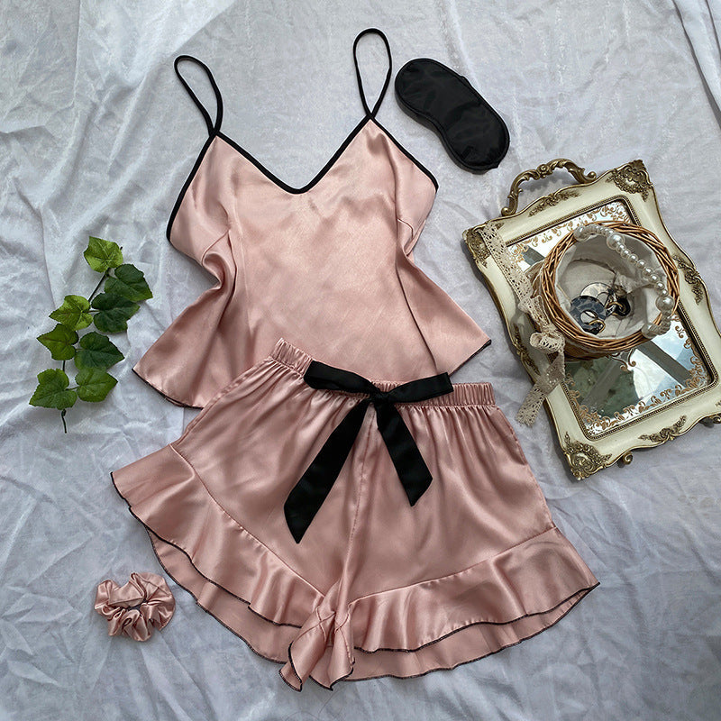 Sexy Satin with Contrast Piping Cami/Short Set with ruffle accent