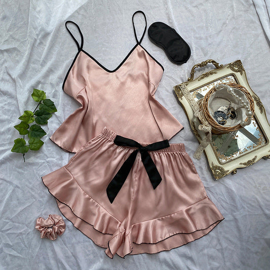 Sexy Satin with Contrast Piping Cami/Short Set with ruffle accent