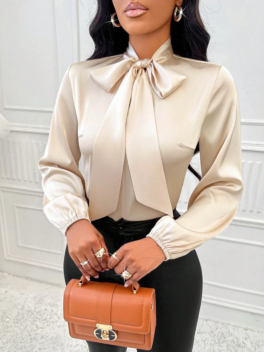 Satin Shirt Bow Long Sleeve Top Apricot