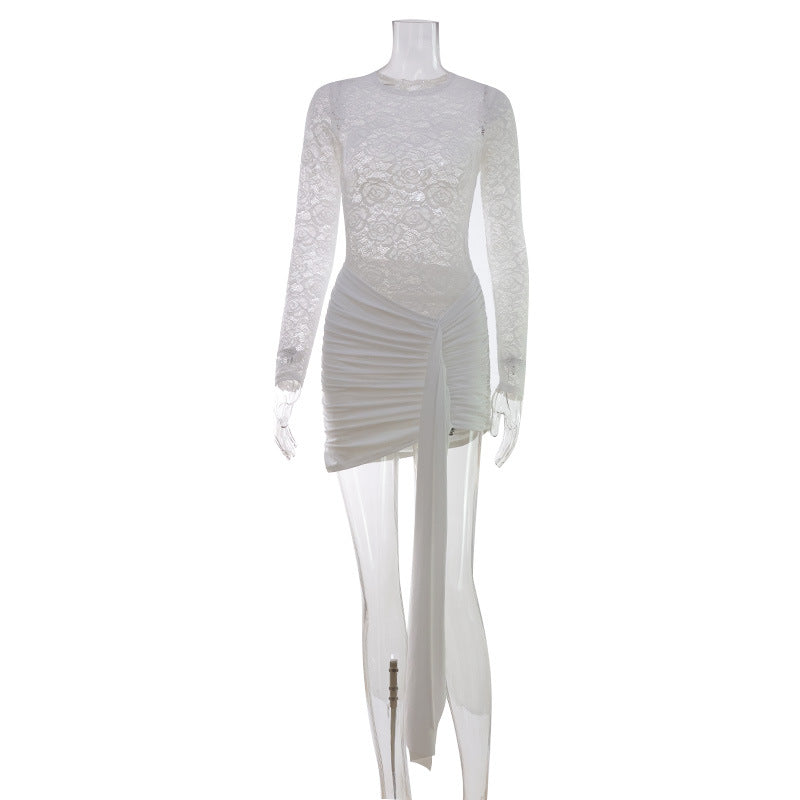 Sexy White Crew Neck Long Sleeve Mini Dress with Sash Detail White