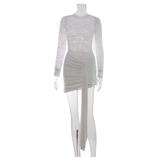 Sexy White Crew Neck Long Sleeve Mini Dress with Sash Detail White
