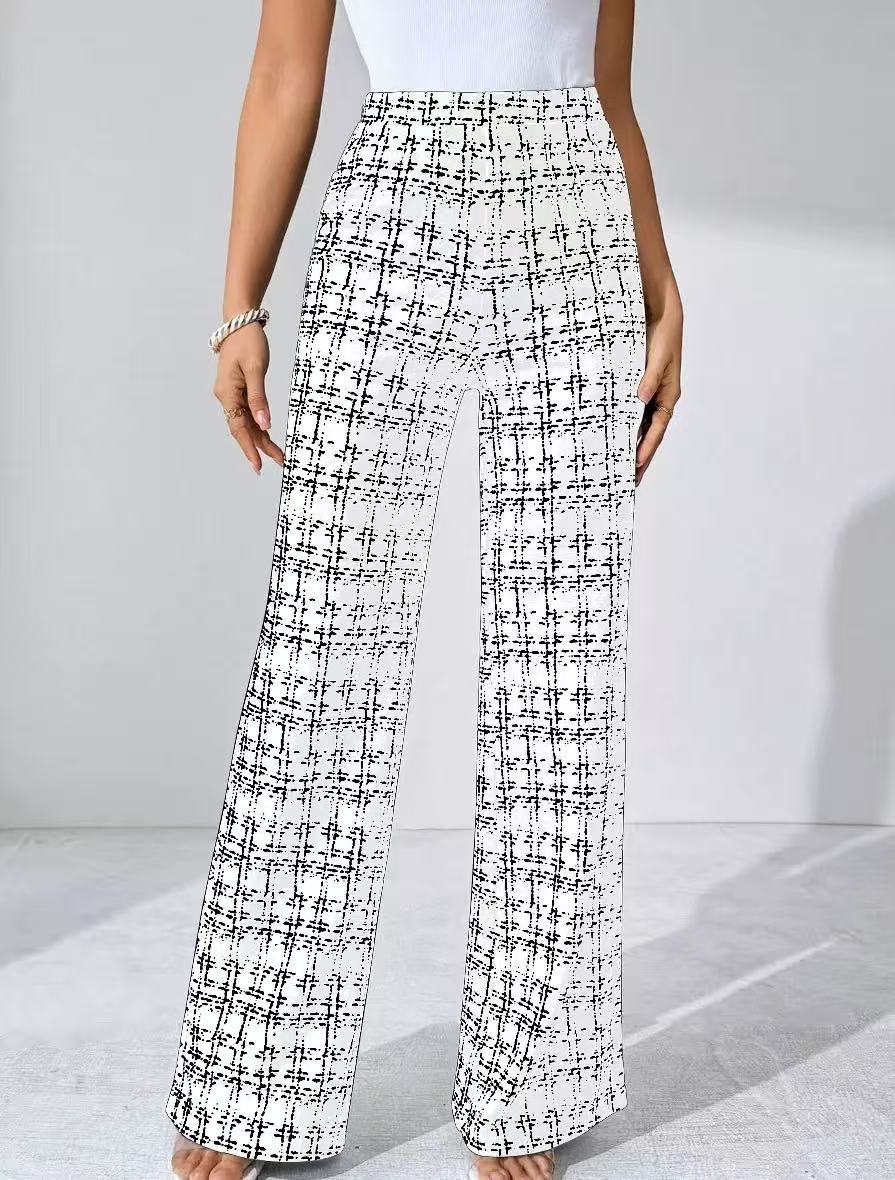 High Waist Straight Plaid Slimming Boot Cut Pants Ivory