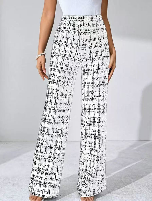High Waist Straight Plaid Slimming Boot Cut Pants Ivory