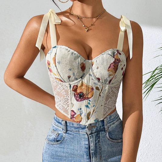 Sexy Boning Corset Floral Vintage Printed Contrast Color Slim Fit Strap Camisole Apricot